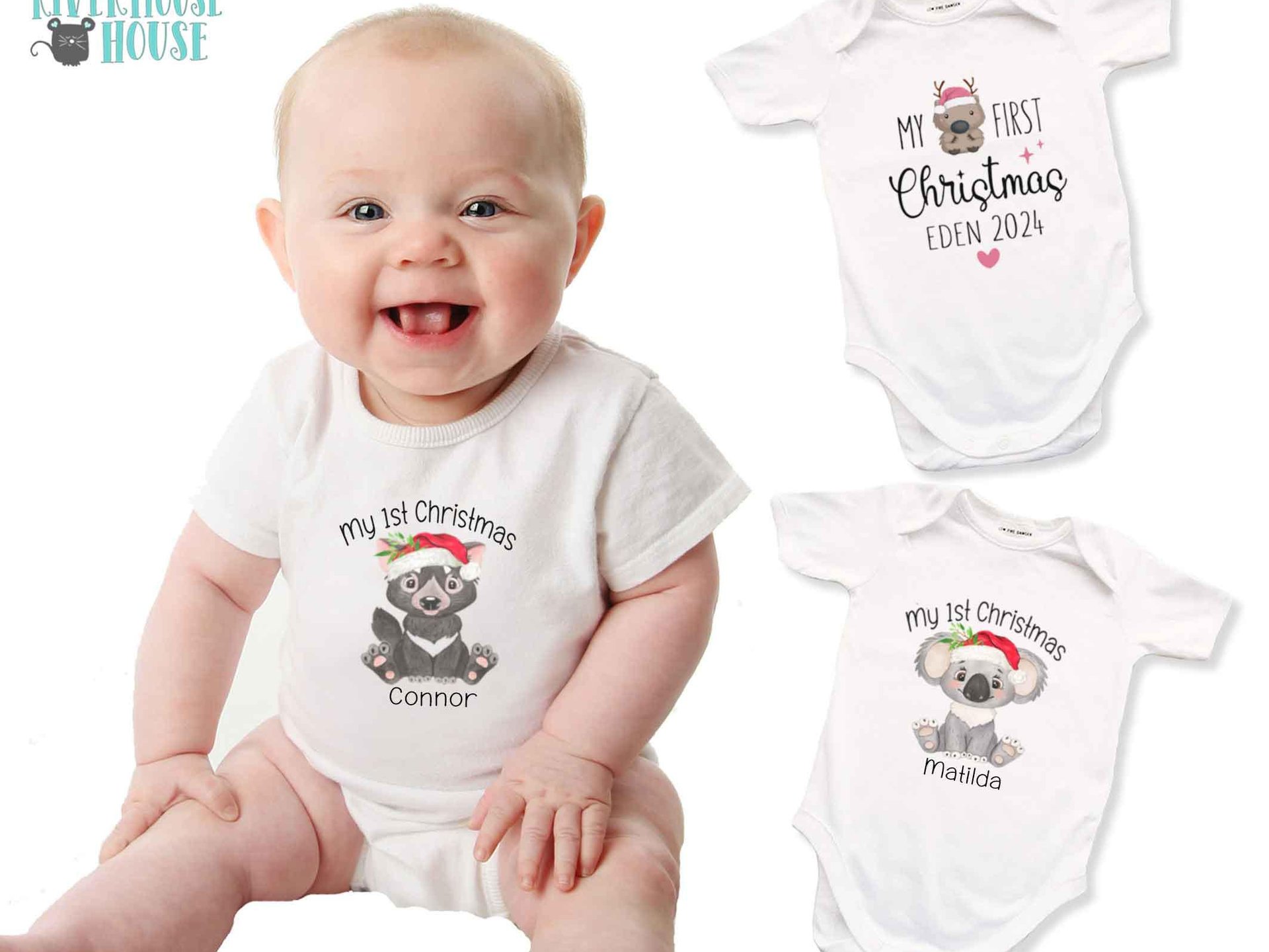 Tassie Devil First Christmas personalised baby bodysuit, Cute Australian animals Xmas gift