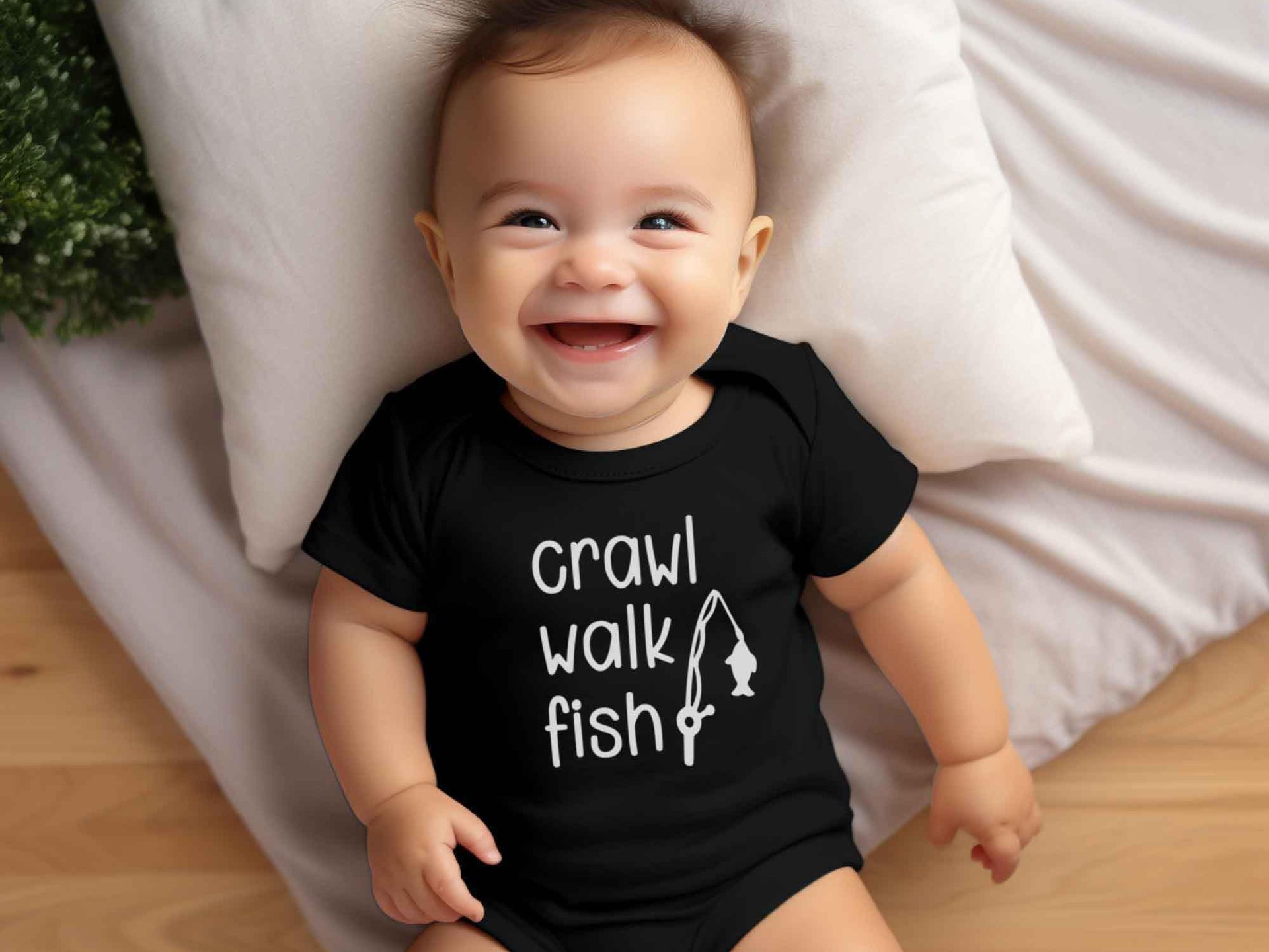 Fishing baby bodysuit, Crawl Walk Fish, Australian sizes newborn to toddler