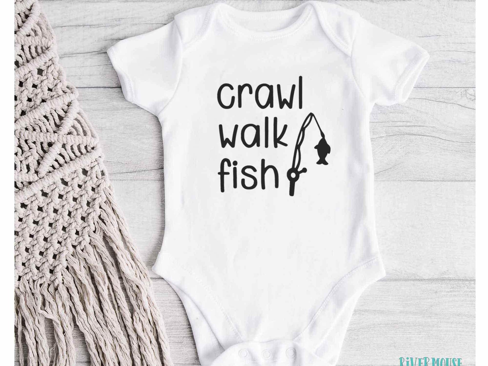 Fishing baby bodysuit, Crawl Walk Fish, Australian sizes newborn to toddler