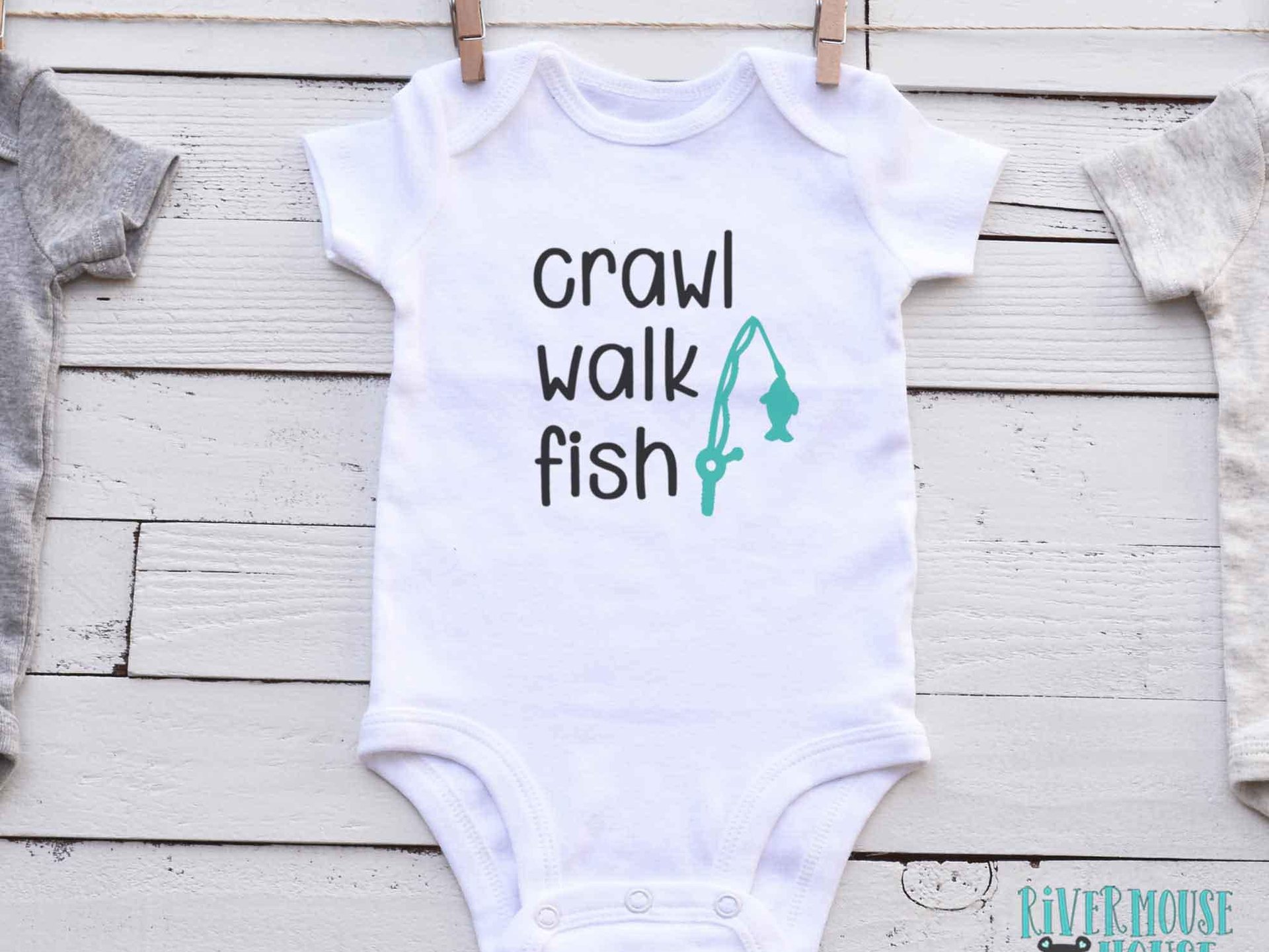 Fishing baby bodysuit, Crawl Walk Fish, Australian sizes newborn to toddler