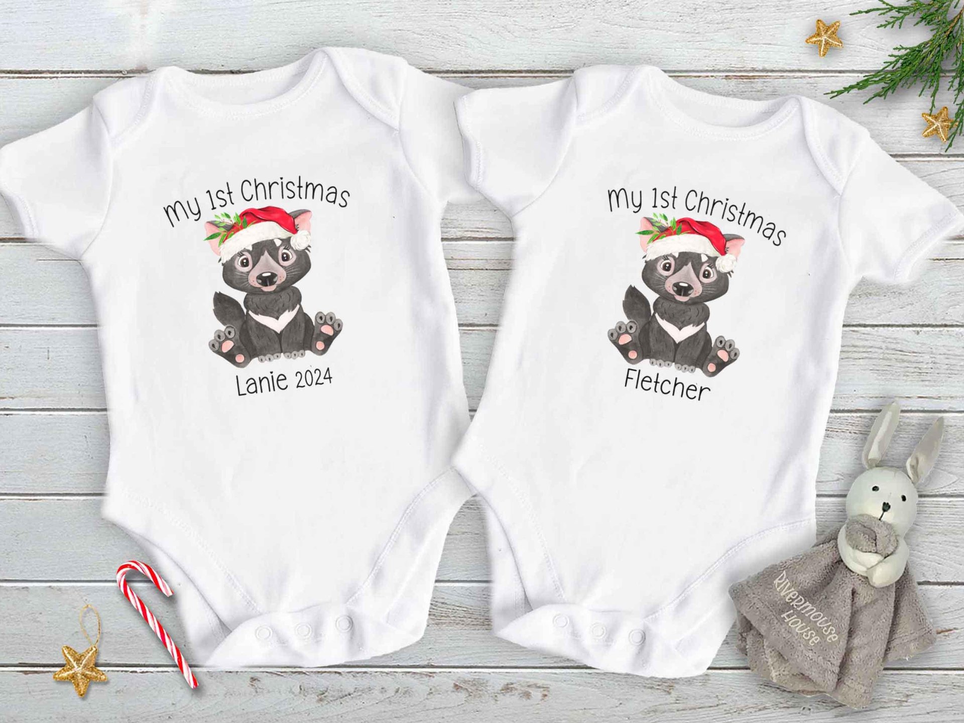 Tassie Devil First Christmas personalised baby bodysuit, Cute Australian animals Xmas gift