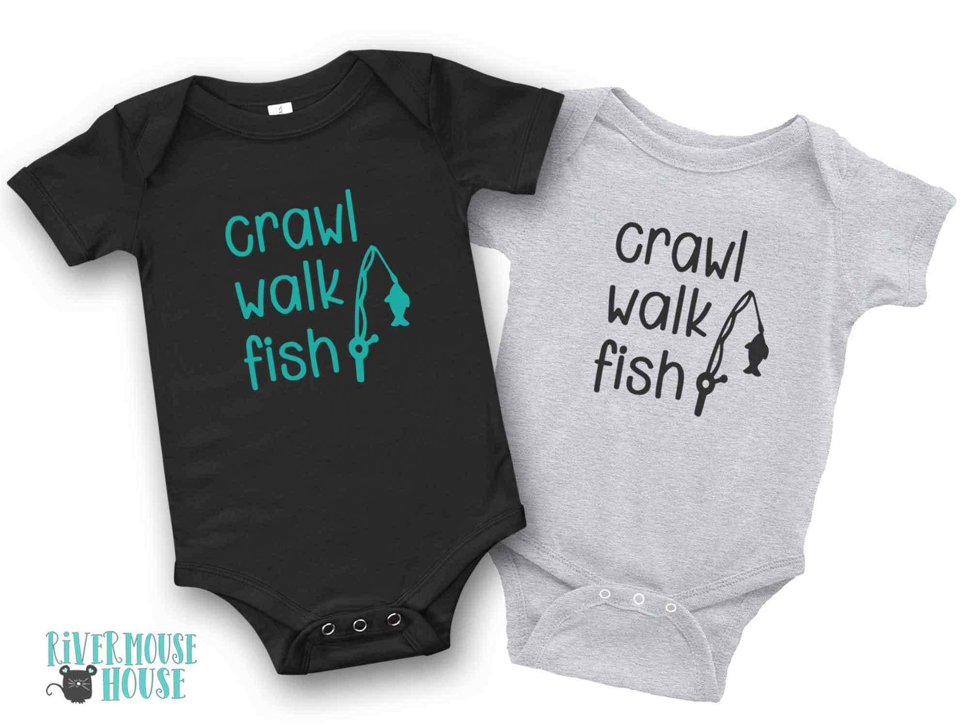 Fishing baby bodysuit, Crawl Walk Fish, Australian sizes newborn to toddler