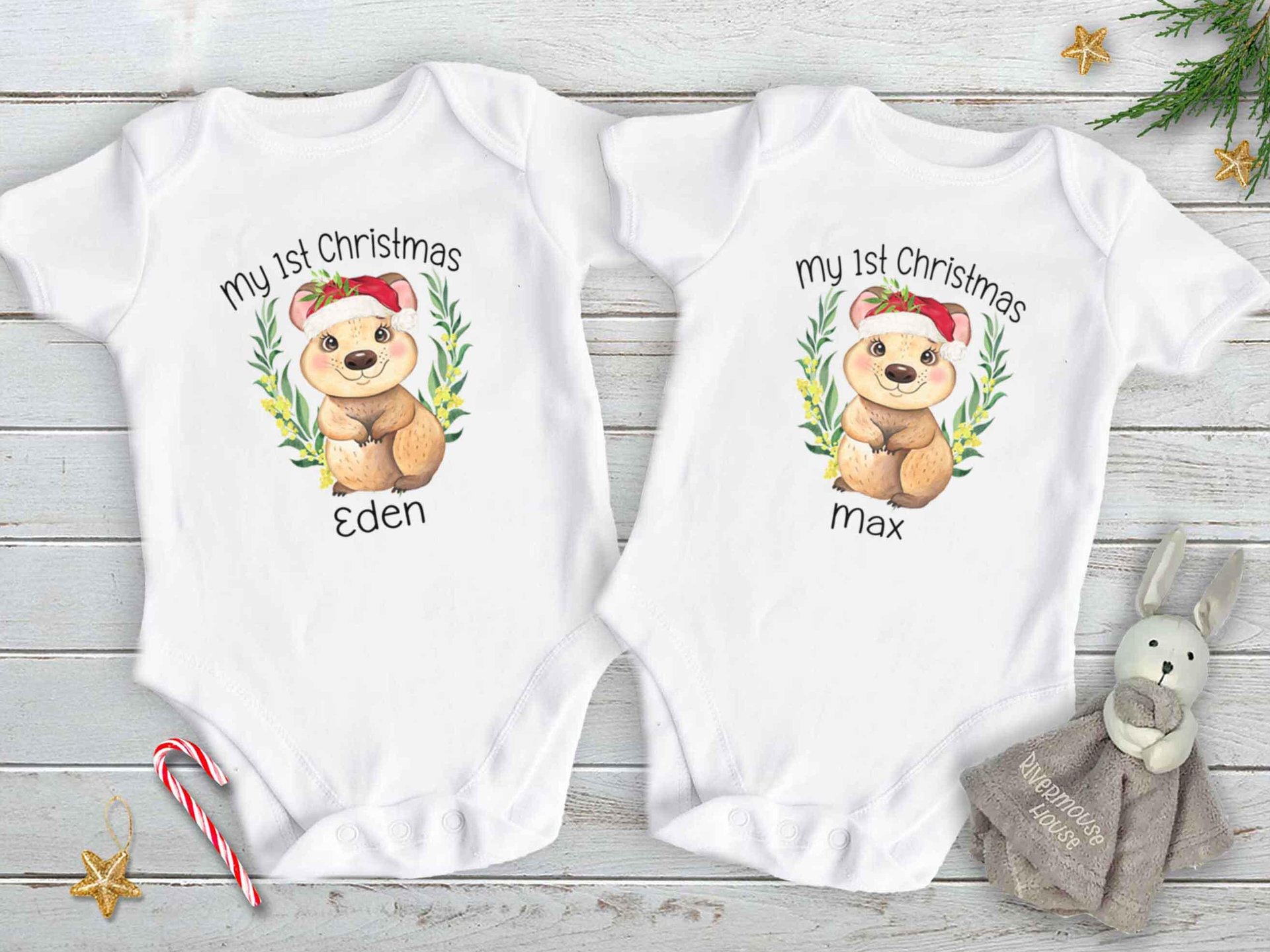 First Christmas baby quokka personalised bodysuit, Aussie Animals Xmas gift