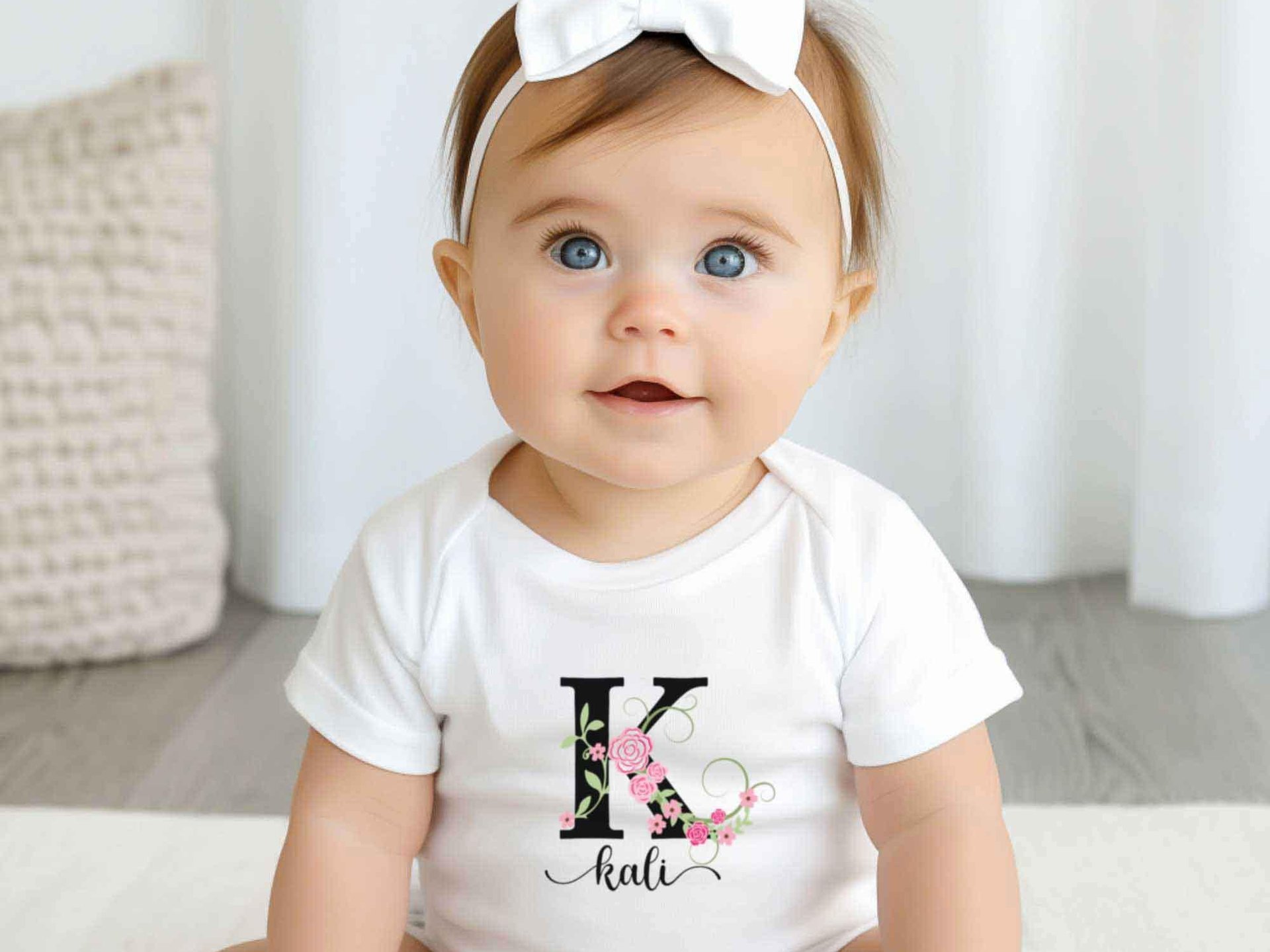 Baby girl personalised name bodysuit, Floral alphabet custom letter with pink flowers design