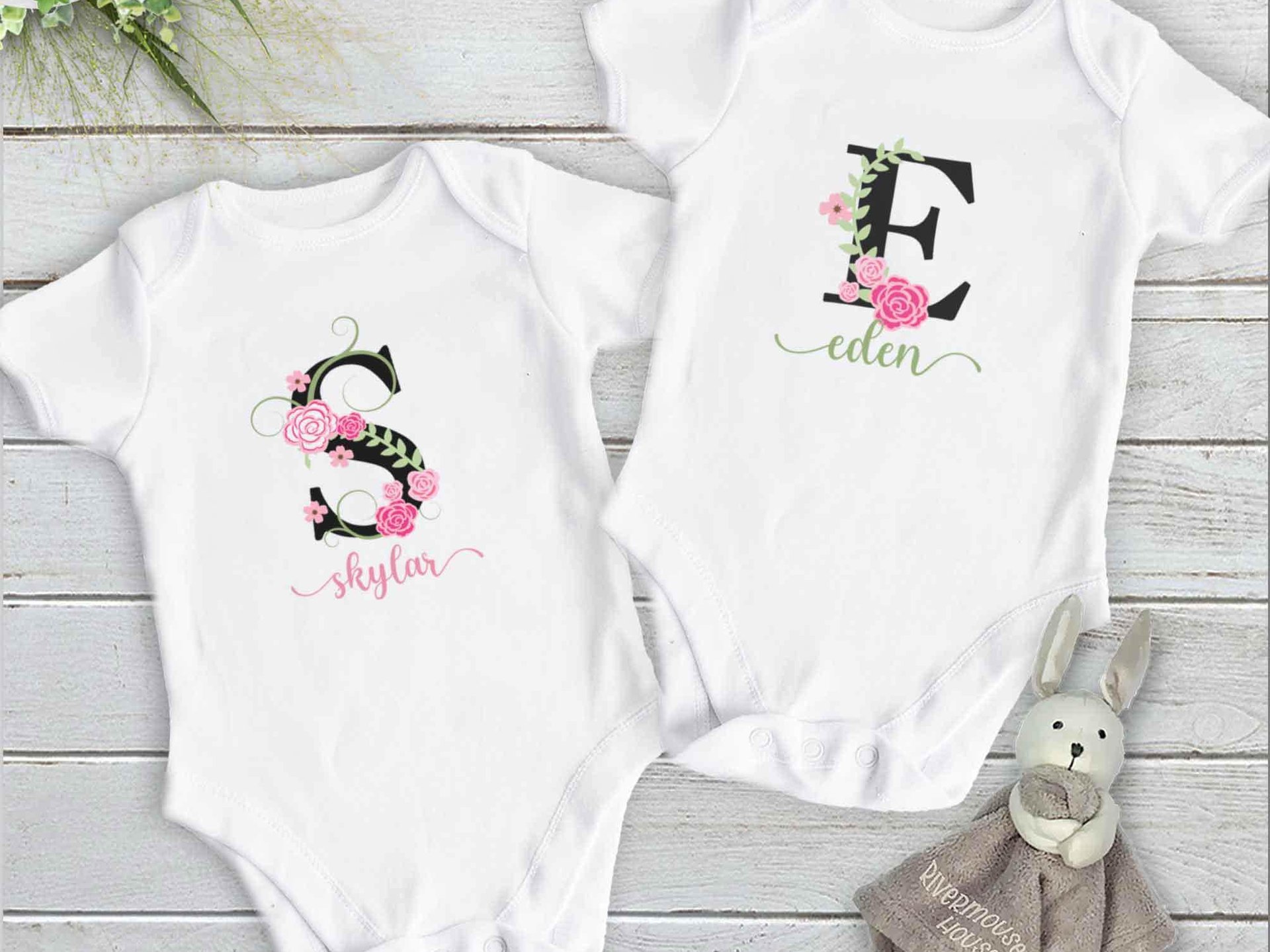 Baby girl personalised name bodysuit, Floral alphabet custom letter with pink flowers design