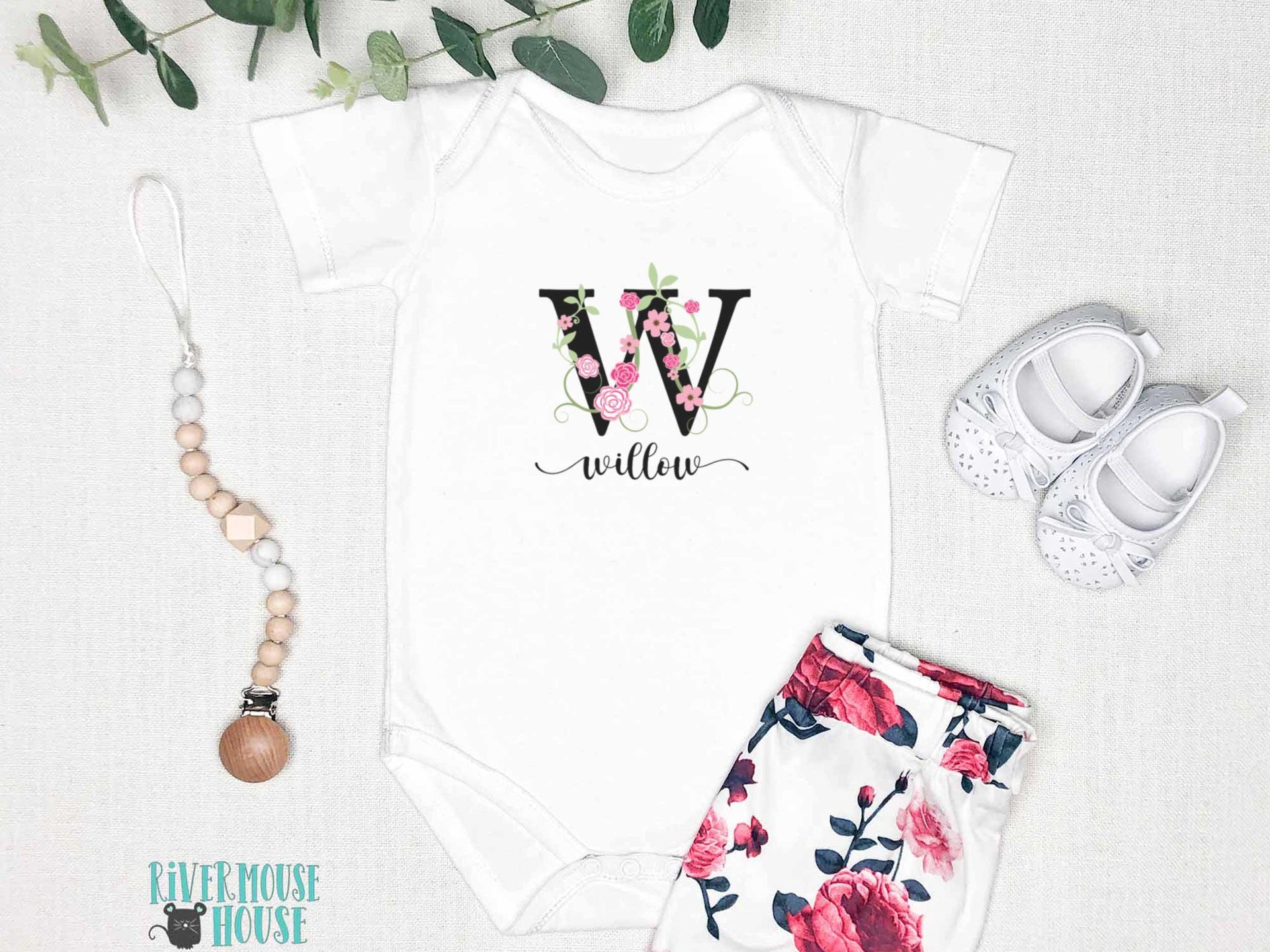 Baby girl personalised name bodysuit, Floral alphabet custom letter with pink flowers design