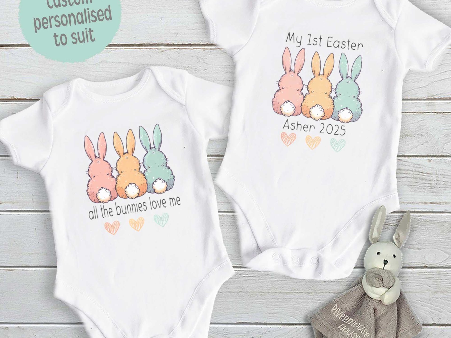 All the bunnies love me personalised baby bodysuit, My 1st Easter bunny butt outfit, Choose from 4 cute designs