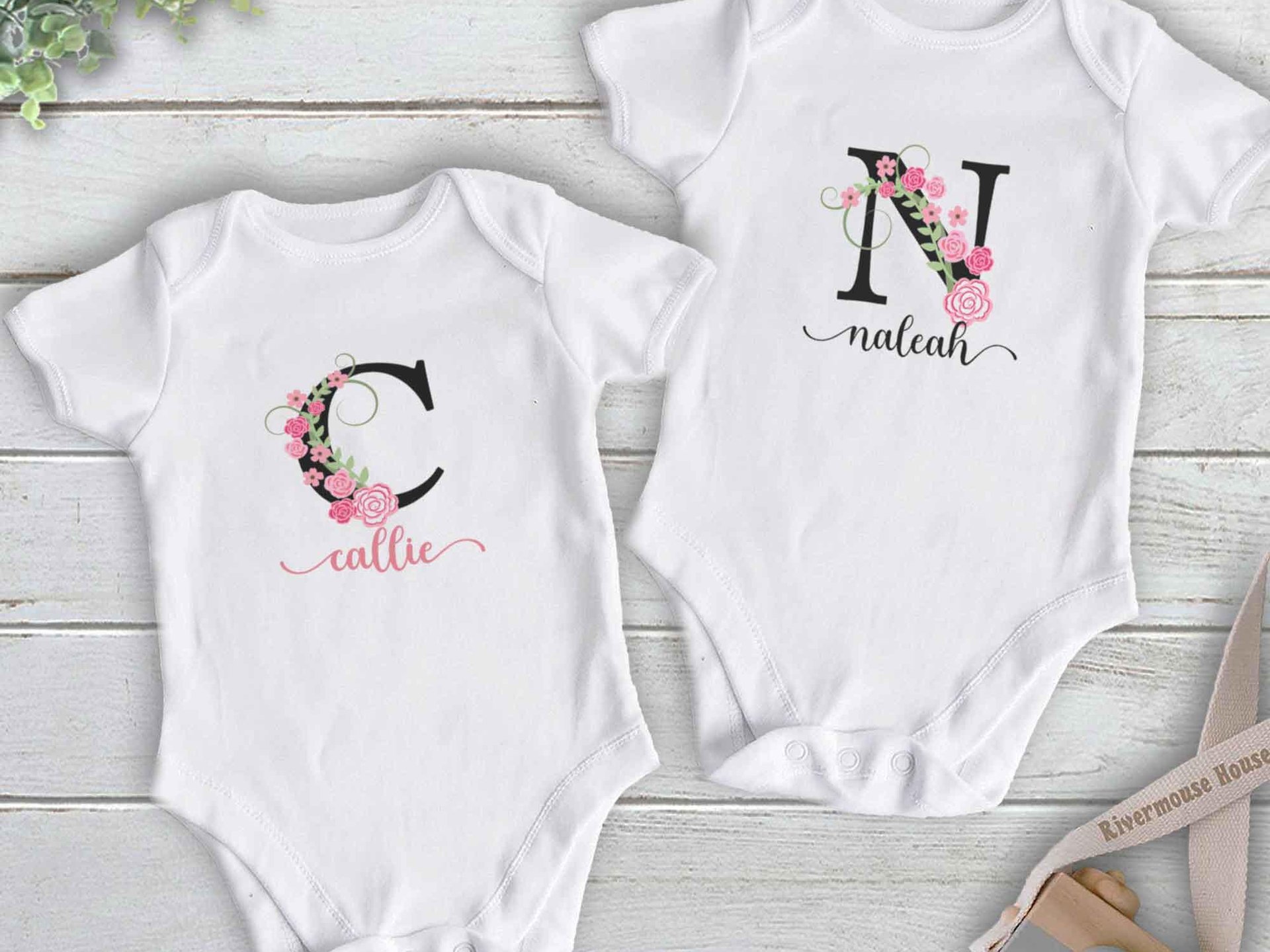 Baby girl personalised name bodysuit, Floral alphabet custom letter with pink flowers design