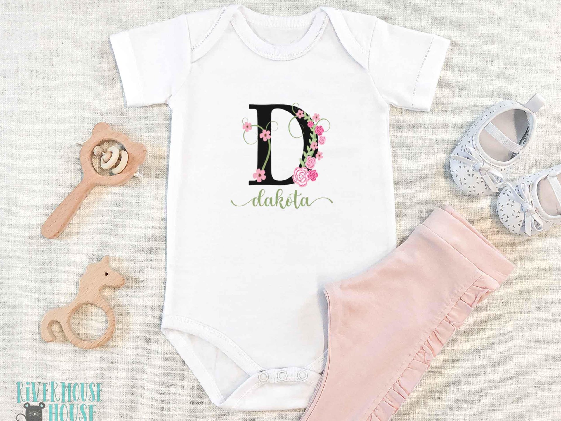 Baby girl personalised name bodysuit, Floral alphabet custom letter with pink flowers design
