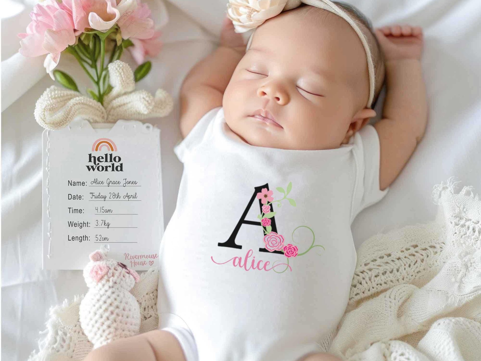 Baby girl personalised name bodysuit, Floral alphabet custom letter with pink flowers design