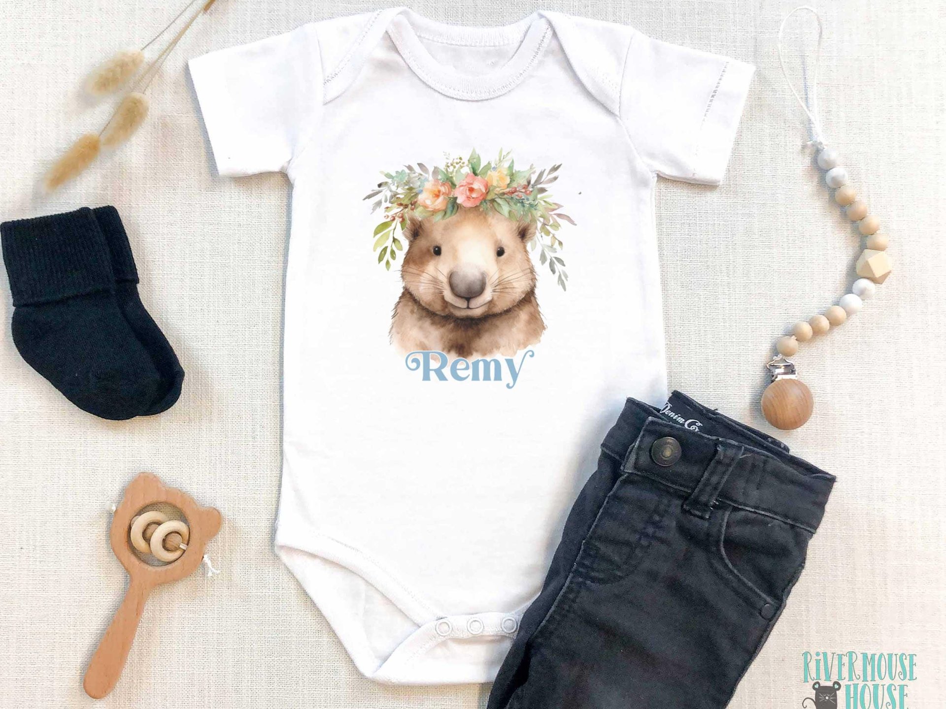 Personalised Wombat Baby Bodysuit, Cute Aussie Animal with Floral Crown