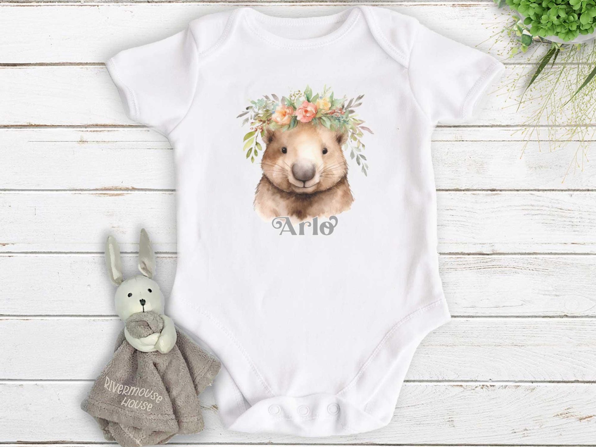 Personalised Wombat Baby Bodysuit, Cute Aussie Animal with Floral Crown