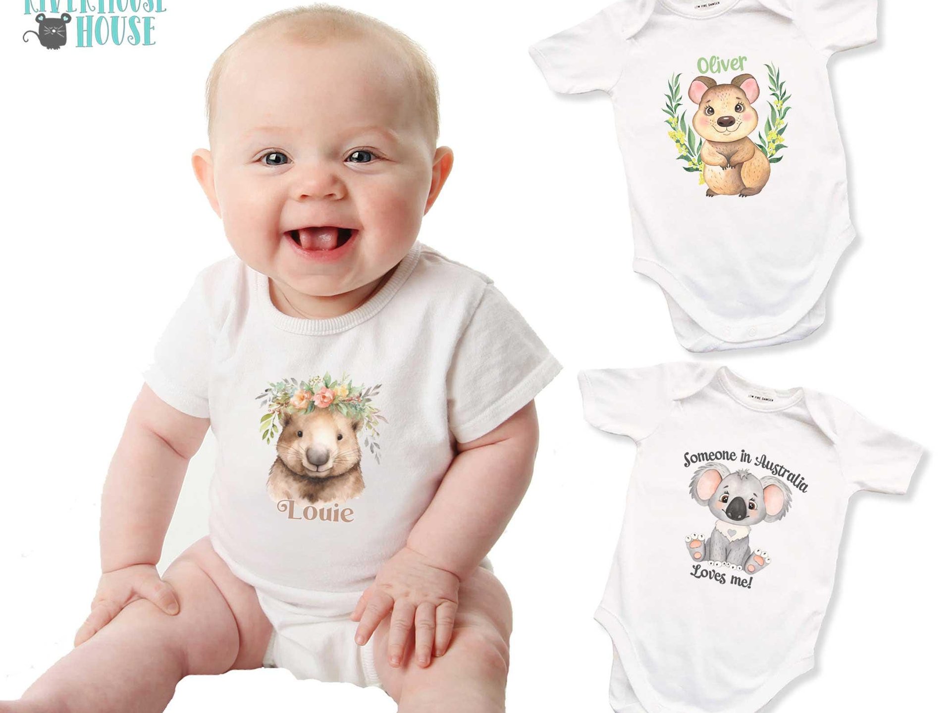 Personalised Wombat Baby Bodysuit, Cute Aussie Animal with Floral Crown