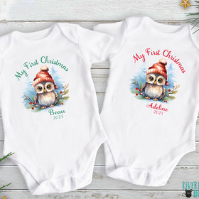 First Christmas Owl Custom Personalised Baby Bodysuit 2023