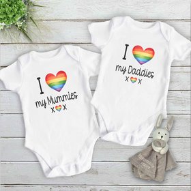 Gay Pride Baby Bodysuit I Love my Mummies, Daddies, Aunties, Uncles Rainbow Heart Design