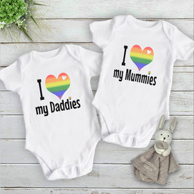 Gay Pride Baby Bodysuit I Love my Mummies, Daddies, Aunties, Uncles Rainbow Heart Design