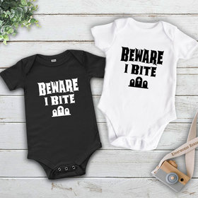 Beware I Bite Funny First Halloween Baby Bodysuit