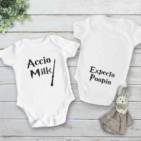 Harry Potter funny baby onesie, Accio Milk with Expecto Poopio butt print
