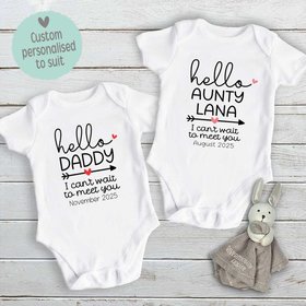 Hello Baby pregnancy announcement personalised bodysuit, I can't wait to meet you custom newborn birth reveal