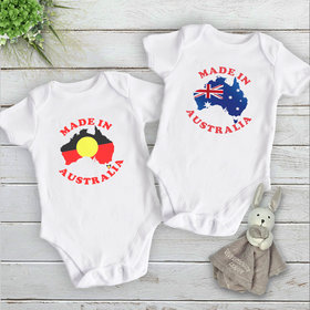 Made in Australia baby bodysuit, choose from Australian and Aboriginal flag designs, custom Aussie kids onesie