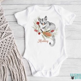 Little Possum Personalised Baby Bodysuit, Australian sugar glider with native flowers design