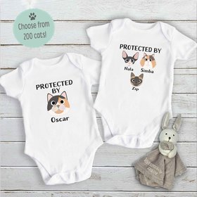 Protected by cats baby bodysuit, Personalised pick your kitty, Choose from 192 cute cat variations