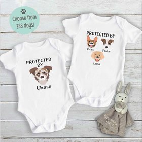 Protected by dogs baby bodysuit, Personalised pick your pooch, Choose from 55 breeds + 288 dog variations