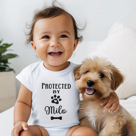 Protected by Dog Baby Bodysuit, Personalised Pet Name Romper