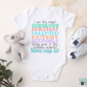 Nanna Says So Funny Baby Bodysuit with customisable name for Grandparents, Aunts, Uncles, family & friends