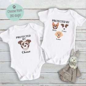 Protected by dogs baby bodysuit, Personalised pick your pooch, Choose from 55 breeds + 280 dog variations