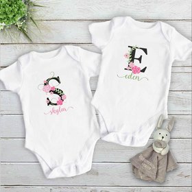 Baby girl personalised name bodysuit, Floral alphabet custom letter with pink flowers design